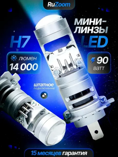 Светодиодные Led лампы Н7 мини-линза для авто Ruzoom