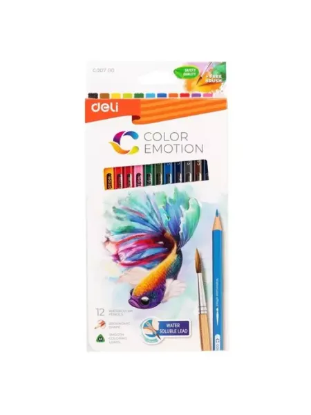 Карандаши цветные акварель Color Emotion 12 цветов с кистью DELI