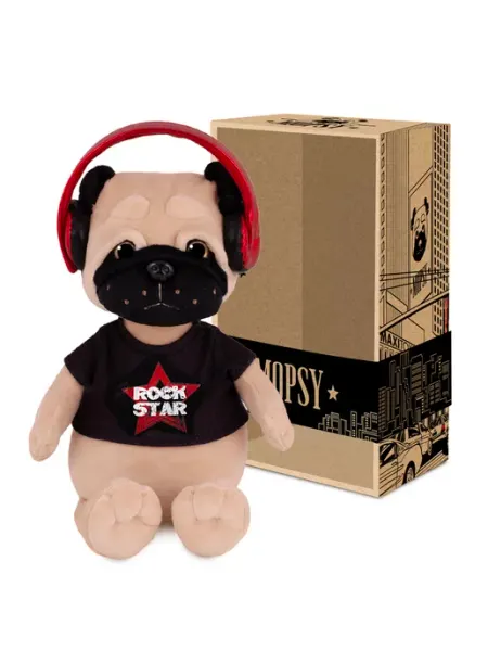 Мягкая игрушка Мопс Рокер в Футболке с Наушниками 20 см MAXITOYS