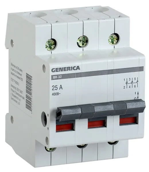 Выключатель нагрузки Generica ВН-32 3P 100А, рубильник модульный, 400В AC, IP20, 50Гц