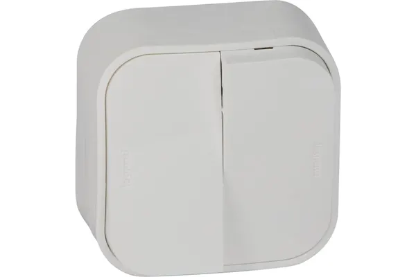 Переключатель двухклавишный проходной Legrand Quteo, накладной монтаж, 10А, 250В, IP20, белый
