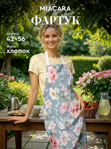 Фартук кухонный женский 60х70см , Mia Cara, рогожка, с принтом Букет
