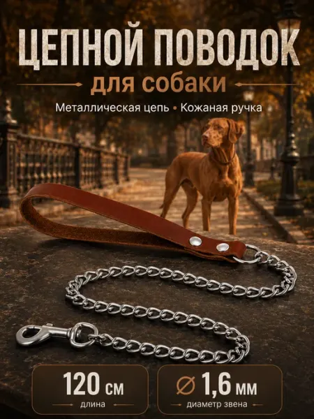Поводок цепной с кожаной ручкой длина 120 см Тутси