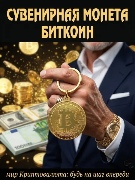 Сувенирный брелок биткоин, толщина 3мм диаметр 40 мм, цвет золото
