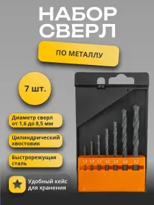 Набор сверл по металлу НС12 7шт. от 1,6 до 8,5 мм Р6М5