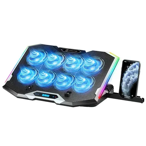 Охлаждающая подставка для ноутбука Evolution LCS-07 RGB, игровая, до 19 дюймов, 8 вентиляторов, ЖК-дисплей, 10 режимов RGB, 6 уровней наклона, держатель для смартфона.