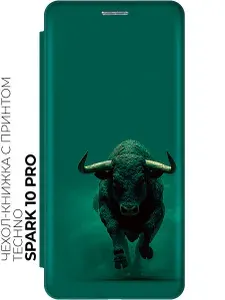 Чехол-книжка на Tecno Spark 10 Pro с принтом "Могучий бык" черный