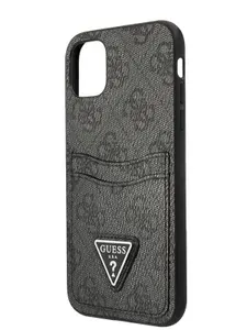 Чехол Guess PU Double cardslot на iPhone 11 / для Айфон 11 из экокожи с имитацией сафьяна, с карманом для двух пластиковых карт, с логотипом 4G, черный