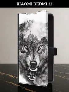 Чехол-книжка на Xiaomi Redmi 12 (Редми 12) с картой и принтом "Волк в горах"