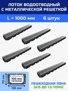 Лоток водоотводный 125x70х1000 мм пластиковый (6 шт) с решеткой штампованной оцинкованной