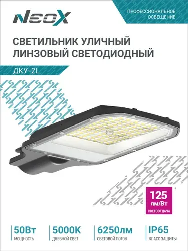 Светильник уличный светодиодный 50Вт 5000К 6250Лм IP65 125лм/Вт ДКУ-2L линзованный NEOX
