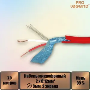 Кабель микрофонный 2х0,12мм , 3мм, 2 экрана, красный, 25м