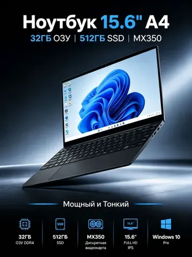 MOMEI Ноутбук 15.6" FHD, процессор N95, 32GB RAM + 512GB SSD, GeForce MX350, сканер отпечатка, подсветка клавиатуры, 180°, Ноутбук 15.6", Intel Alder Lake N95, RAM 32 ГБ, SSD 512 ГБ, NVIDIA GeForce MX350 (2 ГБ), Windows Pro, (A4), темно-синий, Русская раскладка