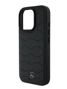 Чехол Mercedes Leather Waves на Apple iPhone 16 Pro из натуральной кожи с металлическим логотипом с узором волны, черный