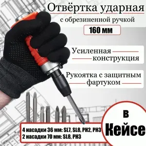 Отвёртка ударная 160мм с обрезиненной ручкой, 6 насадок, пластик кейс, ударно поворотная
