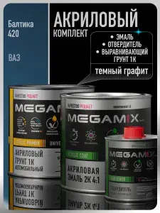 Комплект Акриловая краска автомобильная 2К , Балтика 420, 840мл + Отвердитель 2K 210 мл + Грунт акриловый 1К , ТЕМНЫЙ ГРАФИТ, 800 г