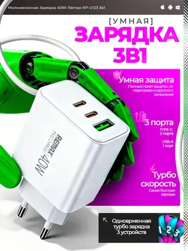 Зарядное устройство Remax RP-U123 40W/ PD + 3 порта: 1хUSB-A и 2хType-C/ Блок питания с Power Delivery для быстрой зарядки iPhone / Android / Samsung