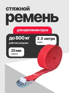 Ремень стяжной для крепления груза, рабочая нагрузка до 800 кг, длина 2,5 метра, механизм пряжка с фиксатором, красный цвет, для безопасной транспортировки