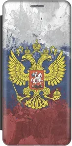 Чехол-книжка на Tecno Pova 2 / Техно Пова 2 c принтом "Герб и Флаг РФ" черный