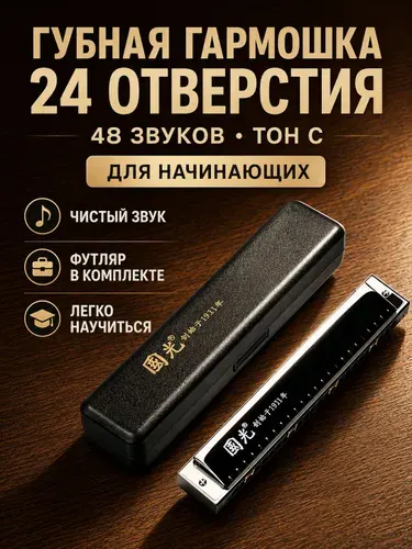 Губная гармошка тремоло 24 отверстия 48 звуков C, музыкальная гармоника для начинающих детей и взрослых, с футляром