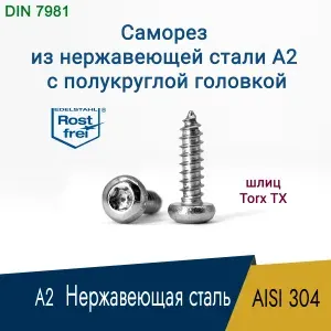 Саморез, шуруп 3.9 x 45 мм, нержавеющая сталь AISI 304 А2 , шлиц Torx TX15, полукруглая головка, 4 шт.