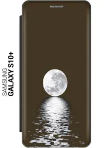 Чехол-книжка на Samsung Galaxy S10+ / Самсунг С10 Плюс с 3D принтом "Луна над морем" черный