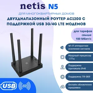 Wi-Fi роутер NETIS N5 двухдиапазонный с поддержкой USB 3G/4G LTE модемов, черный