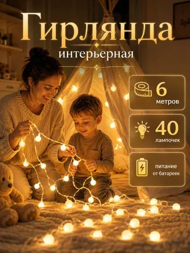 Гирлянда на батарейках для украшения интерьера и декора, гирлянда шарики 6 метров, 40 лампочек