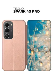 Чехол-книжка на Tecno Spark 40 Pro с принтом "Одуванчик в капельках" золотой