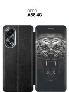 Чехол-книжка на Oppo A58 4G с принтом "Оскал тигра" черный