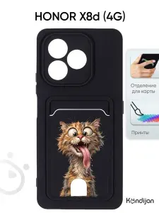 Чехол на Honor X8d 4G с карманом, покрытие soft-touch, с защитой камеры, черный с принтом БЕЗУМНЫЙ КОТ / Хонор Х8д