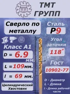 Сверло по металлу, цилиндрический хвостовик, ц/х, 6.9 кл.А1 Р9 н/тит. ТМ*