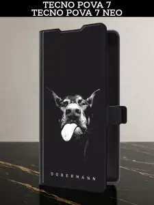 Чехол-книжка на Tecno Pova 7 / 7 Neo (Текно Пова 7 / 7 Нео) с картой и принтом "Язык добермана"