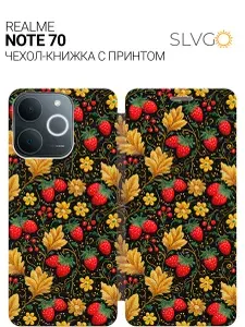 Чехол-книжка на Realme Note 70 с принтом Вышитые землянички, bkg