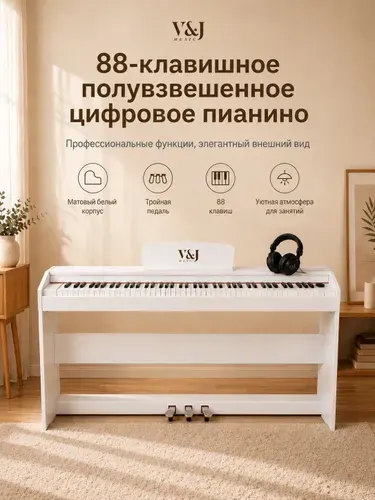 V&J MUSIC C-320WH 88-клавишное полувзвешенное цифровое пианино в комплекте с деревянной стойкой, мониторными наушниками и тремя педалями для фортепиано.