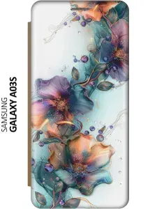 Чехол-книжка на Samsung Galaxy A03s с принтом "Мистические цветы" золотой