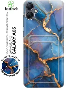Силиконовый чехол на Samsung Galaxy A05 с принтом "Синий мрамор с золотом" с карманом для карты