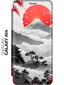 Чехол-книжка на Samsung Galaxy A14 с принтом "Японский восход" золотой