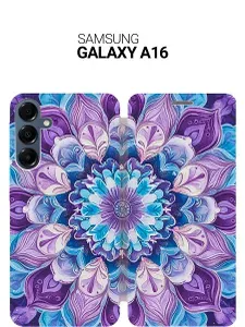 Чехол-книжка на Samsung Galaxy A16 с принтом "Фиолетовый колейдоскоп" золотой