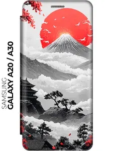 Чехол-книжка на Samsung Galaxy A20 / A30 с принтом "Японский восход" золотой