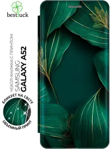 Чехол-книжка на Samsung Galaxy A52 с принтом "Изумрудная симфония" золотой