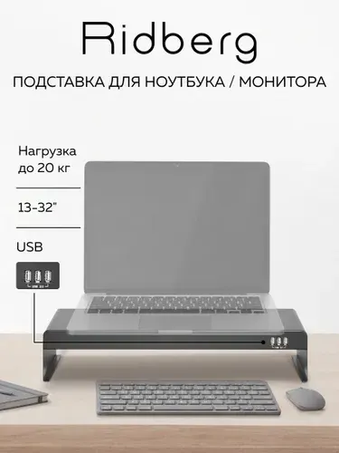Подставка под монитор и ноутбук настольная с USB-хабом Ridberg Arm (Черная)