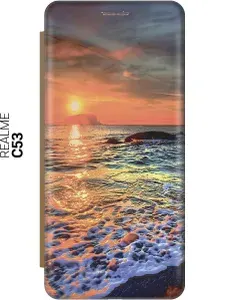 Чехол-книжка на Realme C53 / Рилми С53 c принтом "Закат на море" золотистый