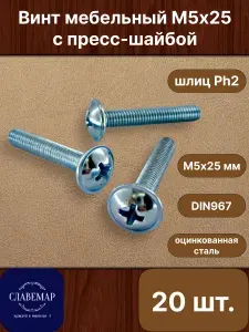 Винт оцинкованный с полукруглой головкой М5х25 мм, DIN967 (20 штук)