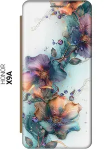 Чехол-книжка на Honor X9a / Magic5 Lite с принтом "Мистические цветы" золотой