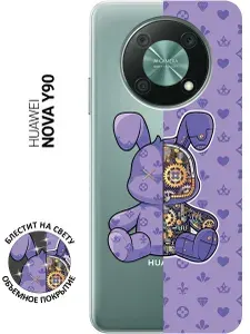 Силиконовый чехол на Huawei nova Y90 с принтом "Сиреневый Кролик с механизмом" прозрачный
