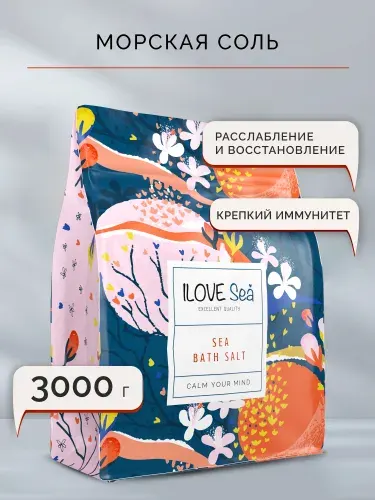 ILOVE Мg, Морская соль для ванн натуральная, крупная, 3 кг