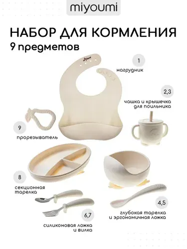 Набор детской посуды для кормления силиконовый Miyoumi, слоновая кость