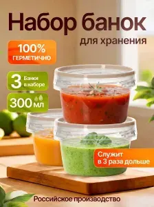 Набор кухонной посуды для еды и хранения продуктов 3 шт 300 мл (специи) / Контейнеры с винтовыми крышками герметичные