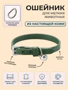 Ошейник для кошек, котов, котят, собак мелких пород, щенков, натуральная кожа, зеленый